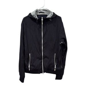 Armani Jeans Black Windbreaker Jacket with Hood and Full-Length Zipper Mens Lg